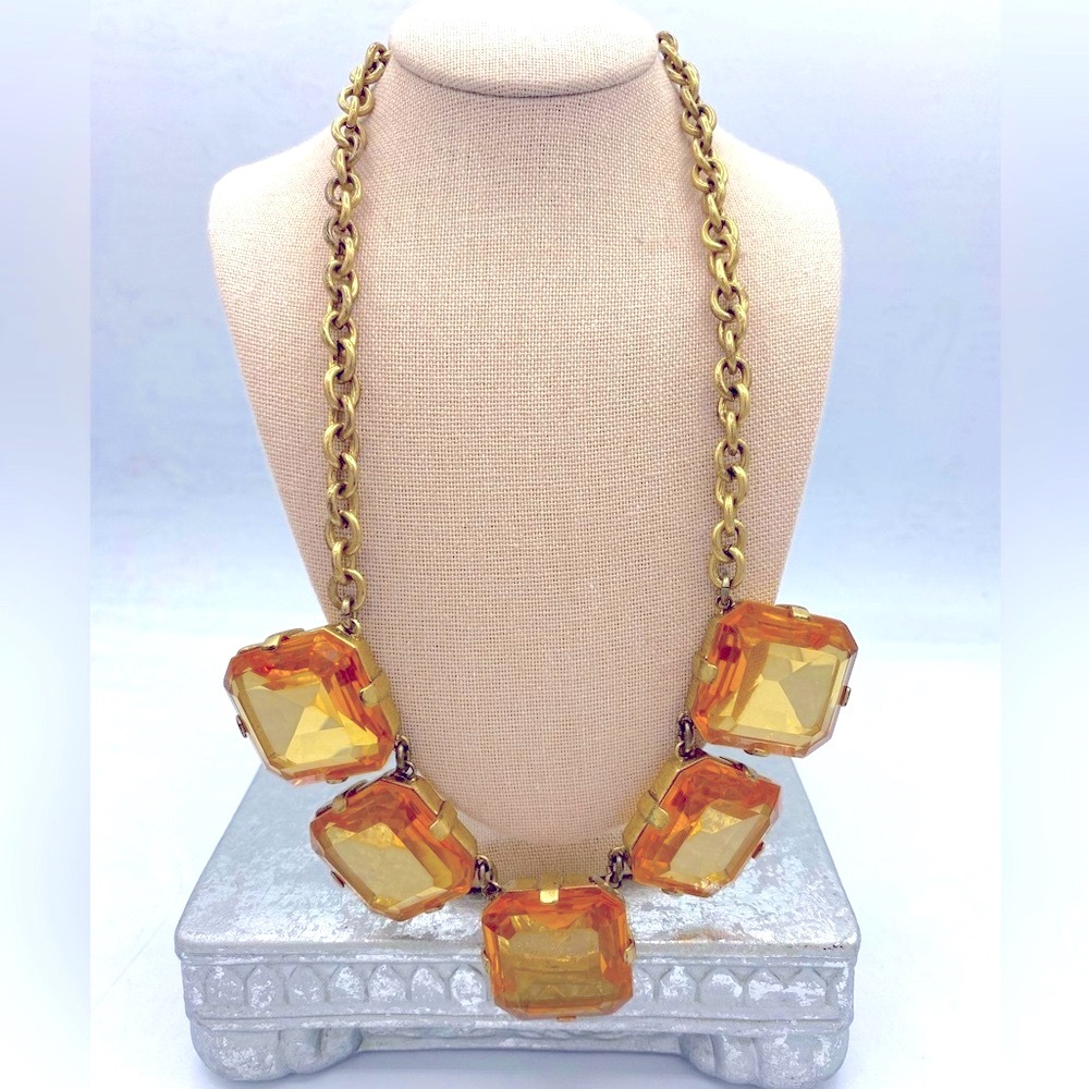 Vintage J Crew Citrine Color Faceted Large Square Glass Bib Statement Neckkace